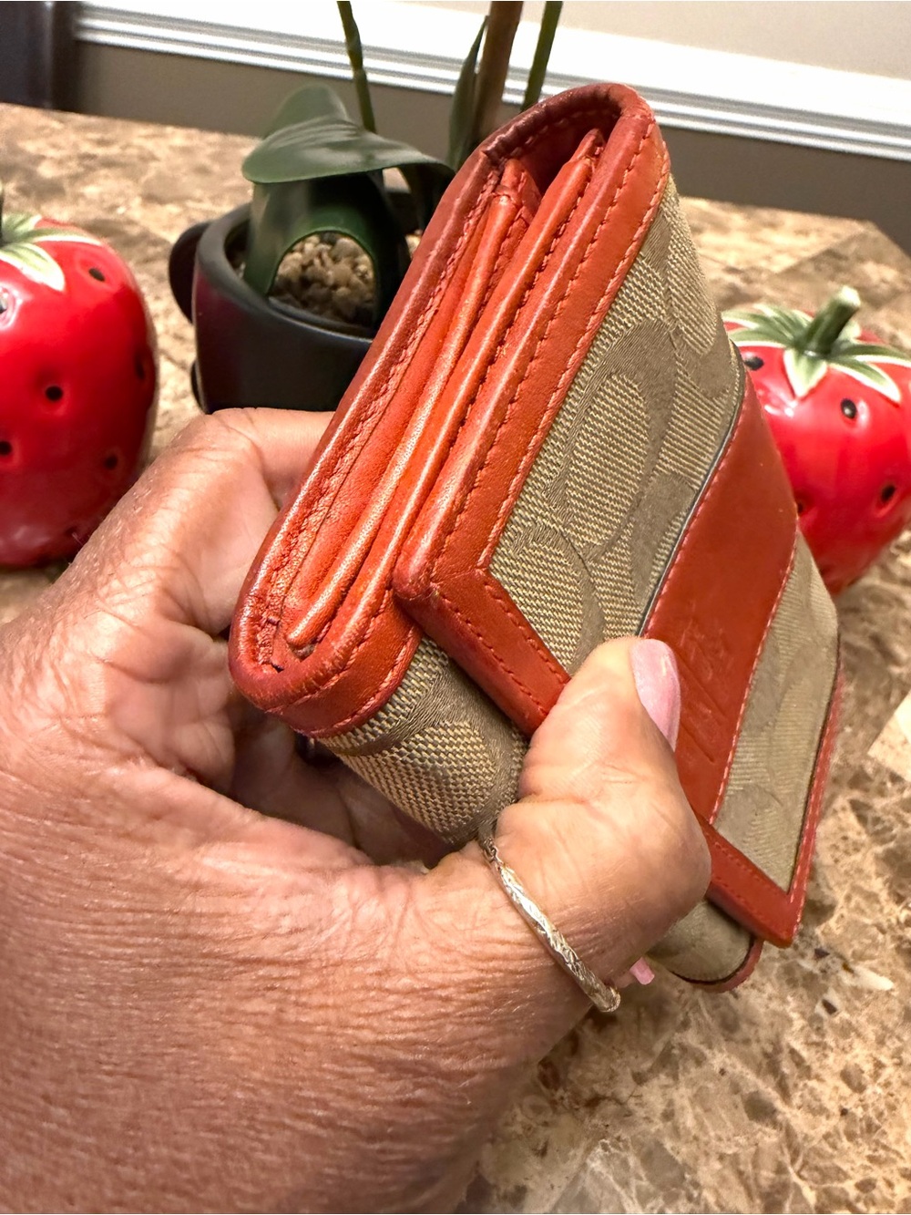 Coach Signature Canvas Bifold Wallet in Brown and Orange/Red - Picture 7 of 17